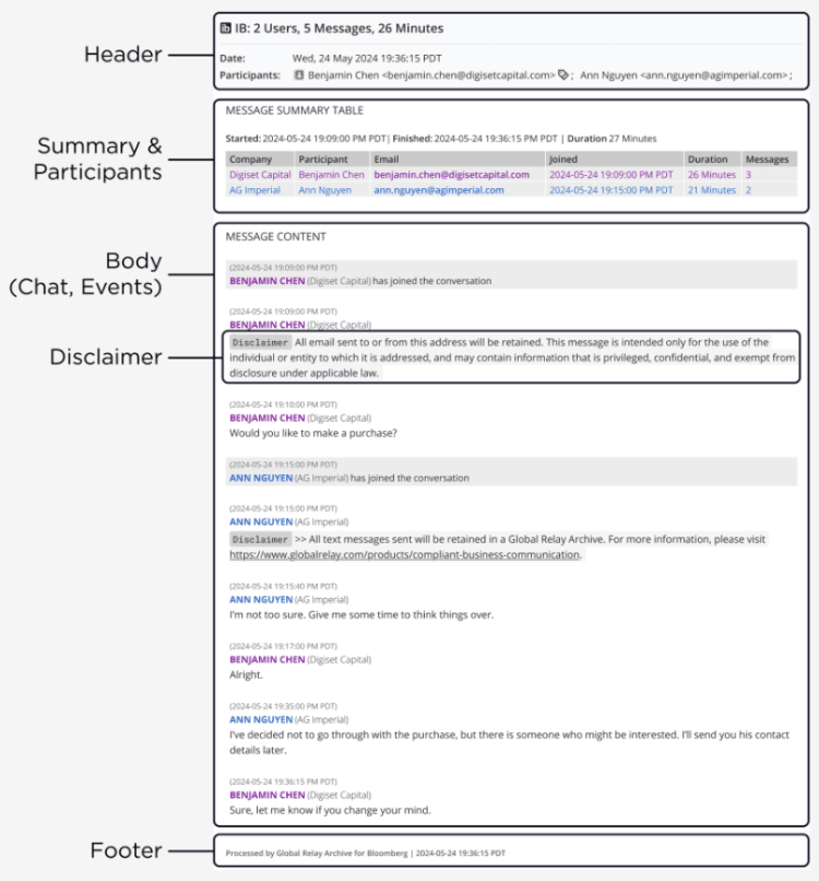 Example of an enriched and contextualized email in the GR archive after it's formatted as a UPM.