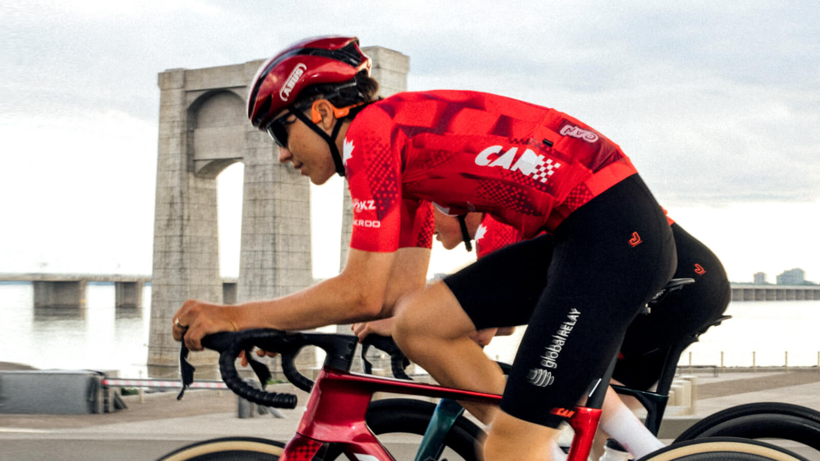 A professional cyclist in the national colours of Canada